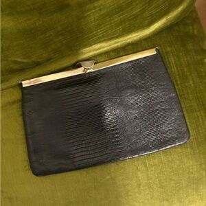 Vintage Black Leather Clutch with Gold Accent